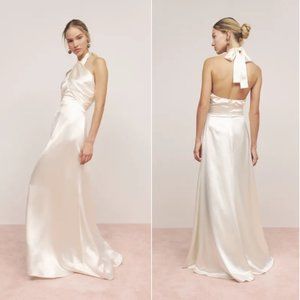 Reformation Veria Silk Maxi Dress Size 4 Ivory Halter Neckline Full Skirt